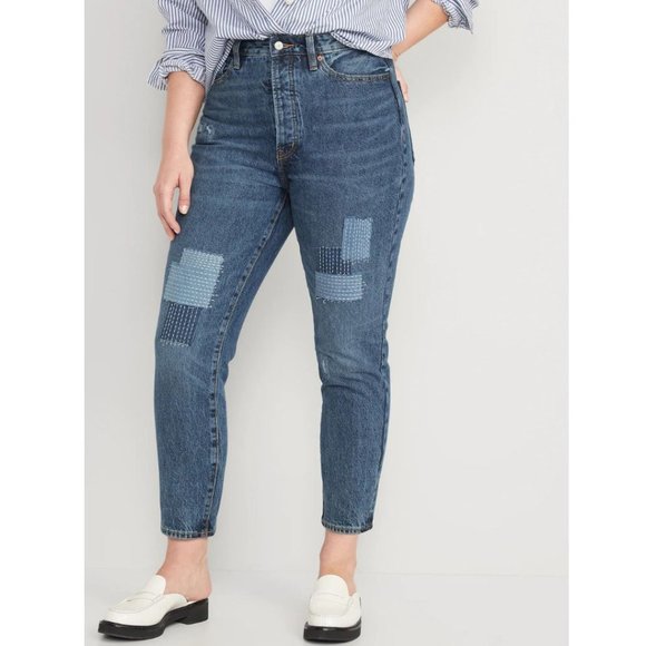 Old Navy Higher High-Waisted Button-Fly Straight Patchwork Non-Stretch Jeans 14 - Picture 1 of 9